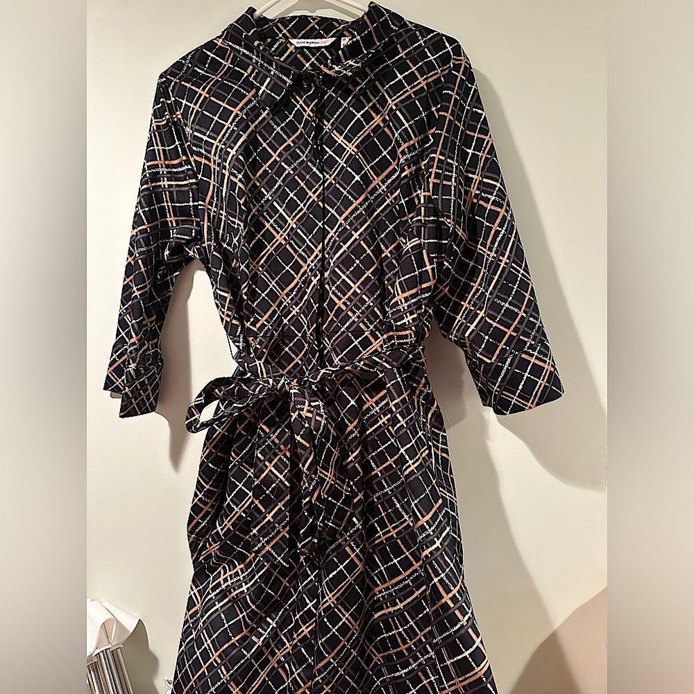 Isaac mizrahi women’s plaid patterned trench coat jacket size 16